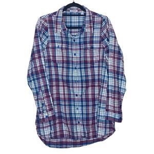 Toad&Co Blue Red Cotton Plaid Flannel Button Front Tunic Shirt Large